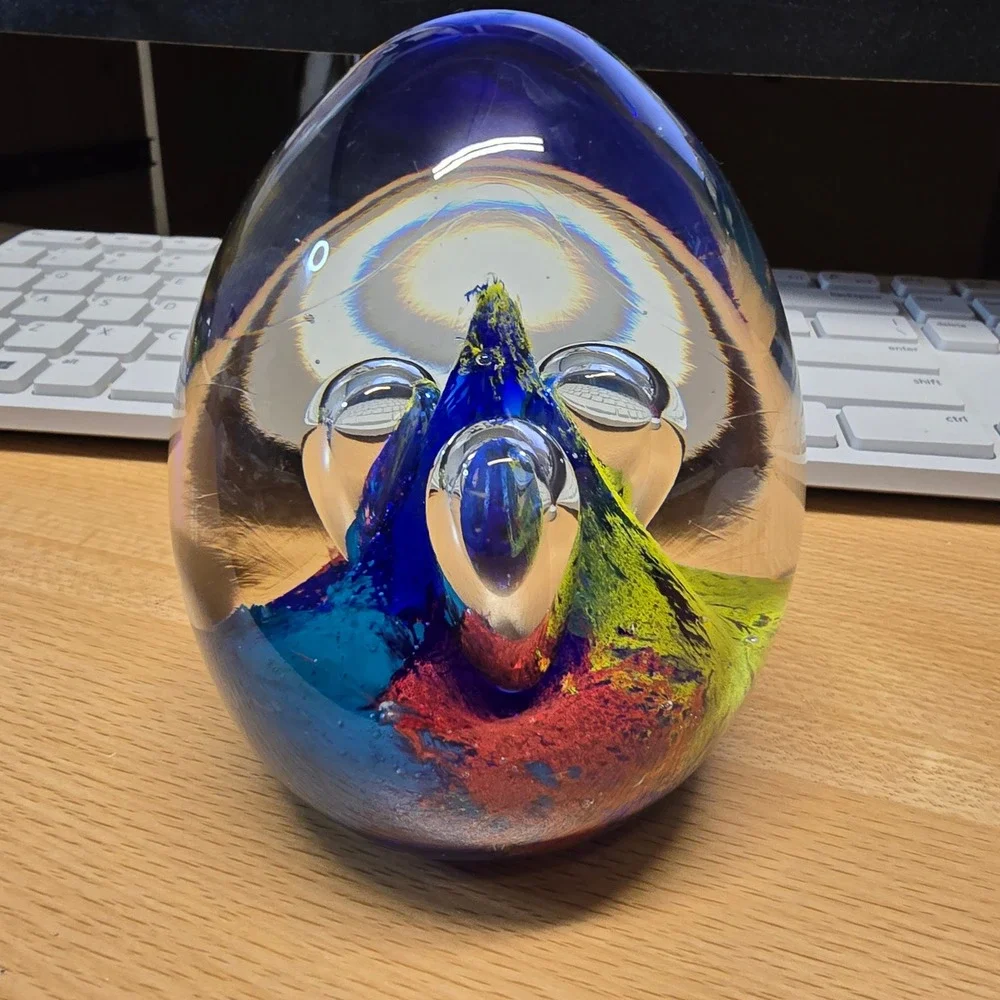 Vintage Art Glass Egg Paperweight Blue Yellow Red Controlled Bubble Swirl 3.75in